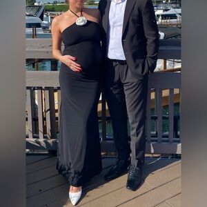 Club L London Loving BLACK HALTER-NECK MATERNITY MAXI DRESS WITH FLOWER CORSAGE